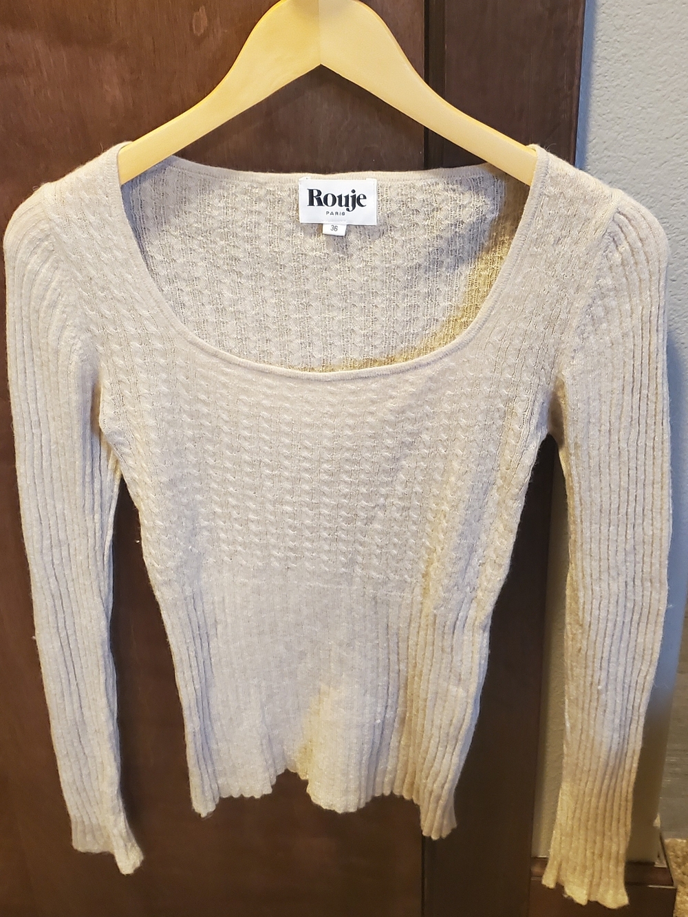 Rouje Cream Ribbed Scoopneck Long Sleeve Sweater